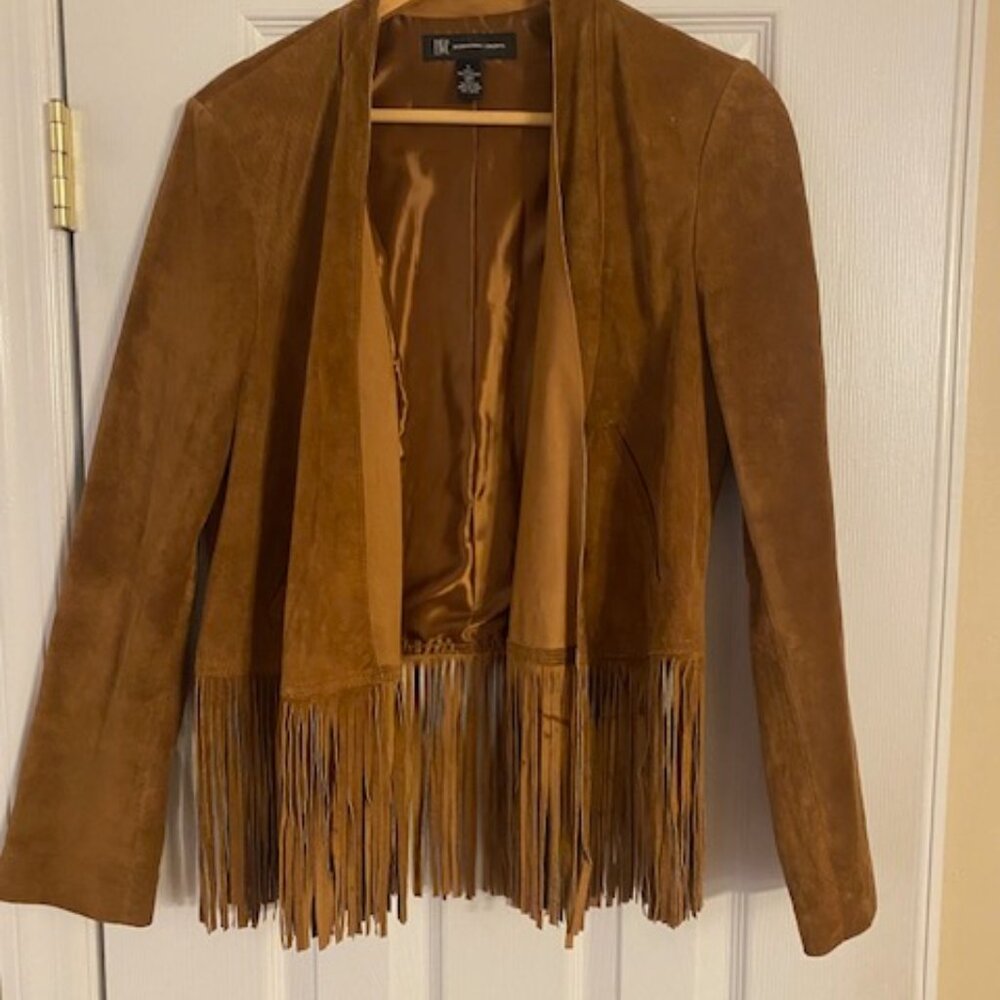 INC Women's Brown Suede Leather Wrap Jacket w Fringe Size L